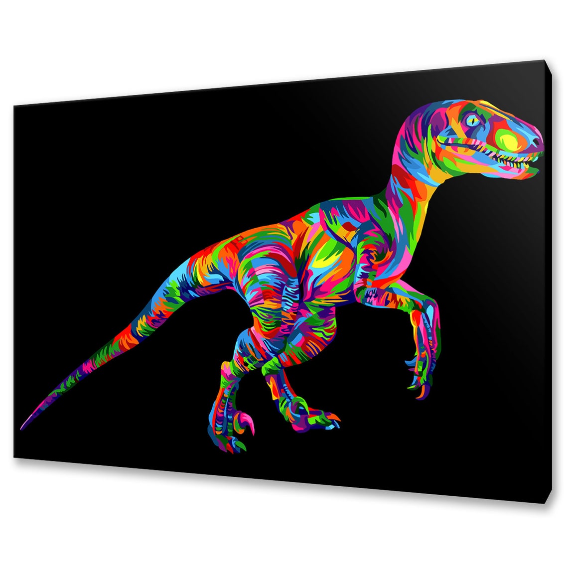 Rainbow Pop Art Dinosaur Colorful Neon Black Background Animal Poster