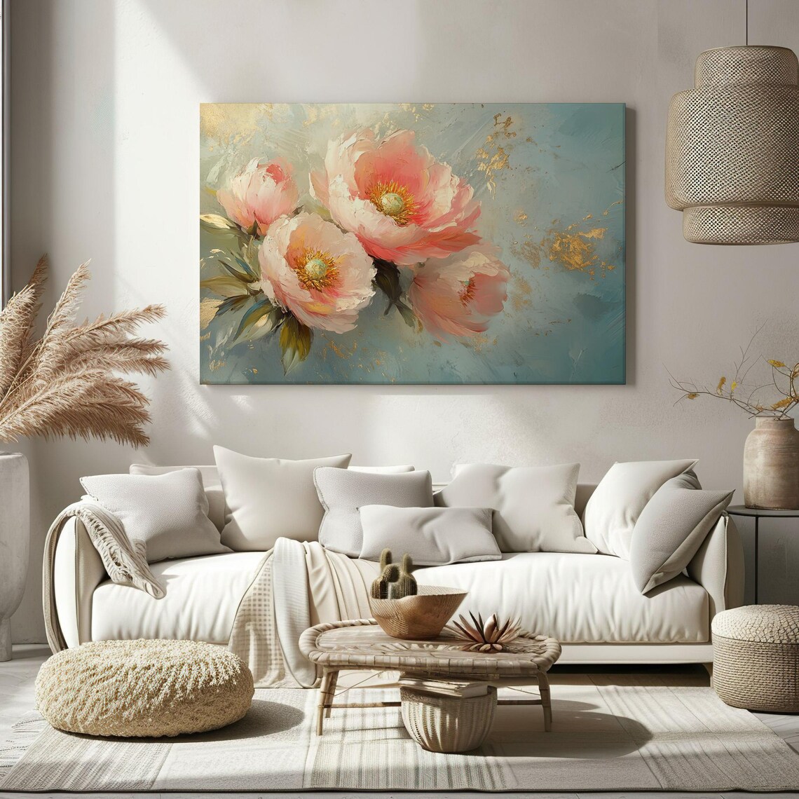 Blush Pink Peonies Gold Leaf Accents Teal Painterly Floral Art Poster - Image 2