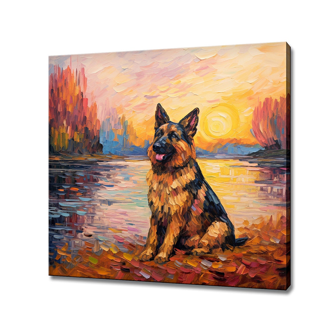 German Shepherd Sitting At Sunset Lakeside Golden Hour Poster