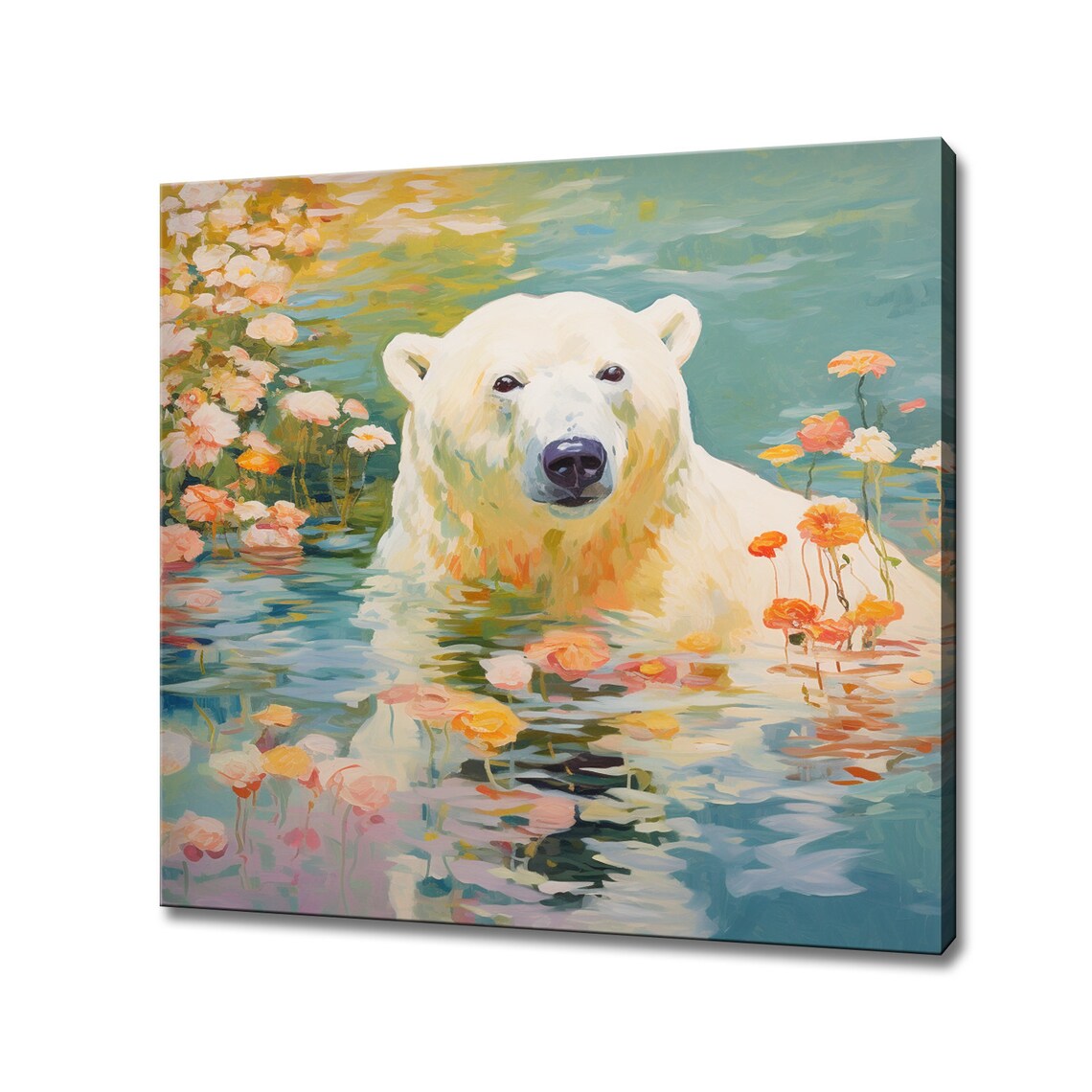 Polar Bear Portrait Among Floating Flowers Teal Water Painting Poster