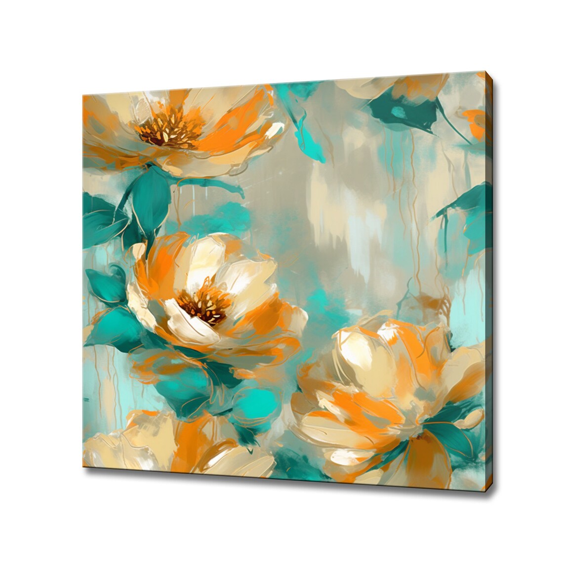 Orange White Flowers Teal Leaves Abstract Oil Painting Style Wall Art