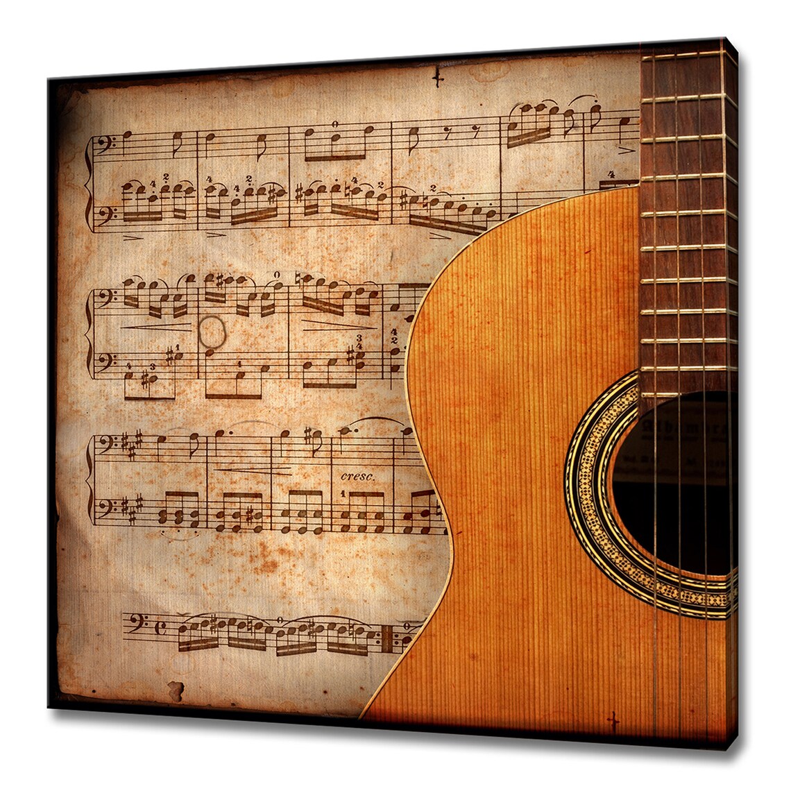 Classical Guitar Close Up On Vintage Sheet Music Warm Retro Wall Art