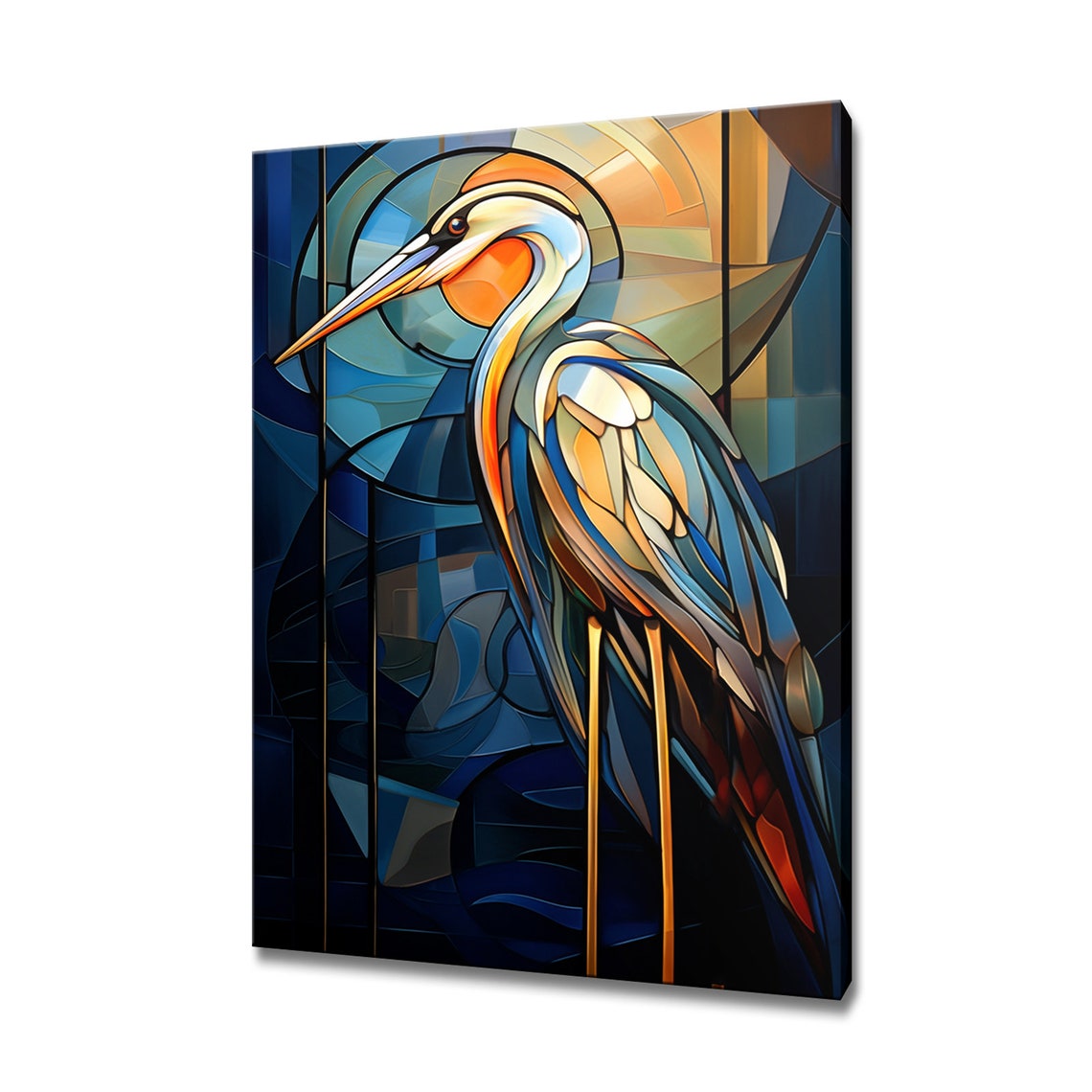 Stained Glass Heron Bird Blue Gold Panels Elegant Bird Wall Art Print