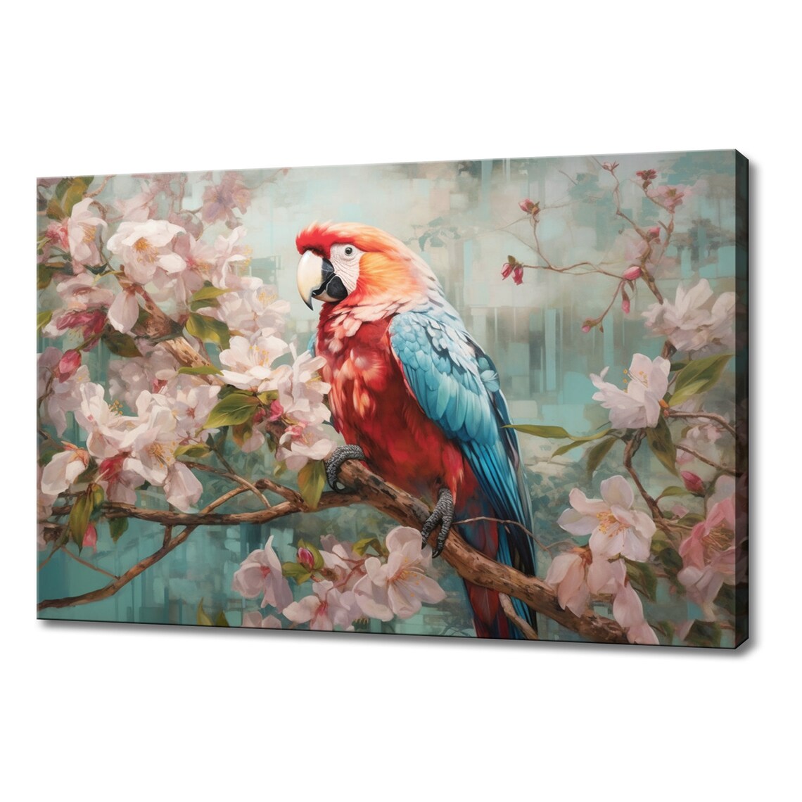 Red And Blue Macaw Parrot On White Blossom Branch Painting Poster