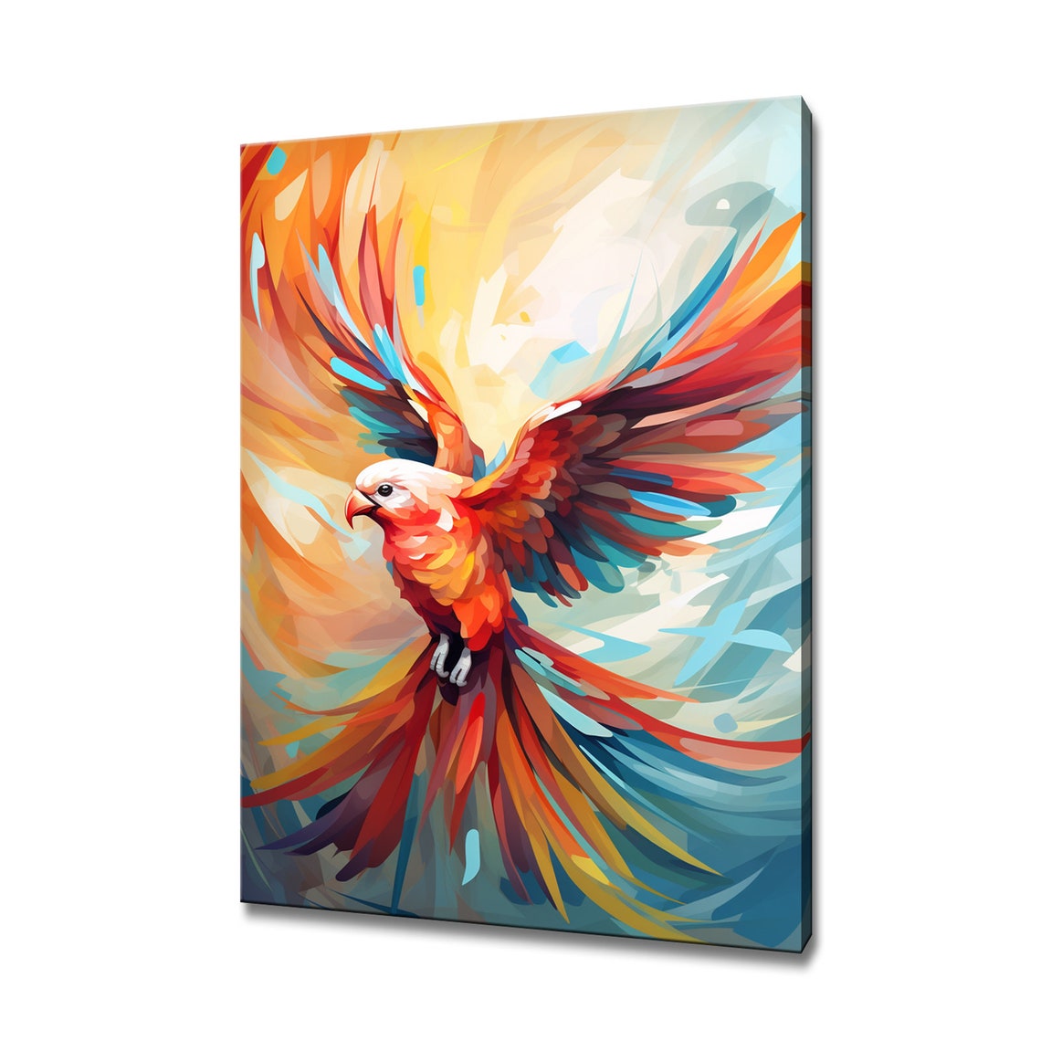 Fiery Parrot In Flight Swirling Orange Teal Abstract Bird Art Print