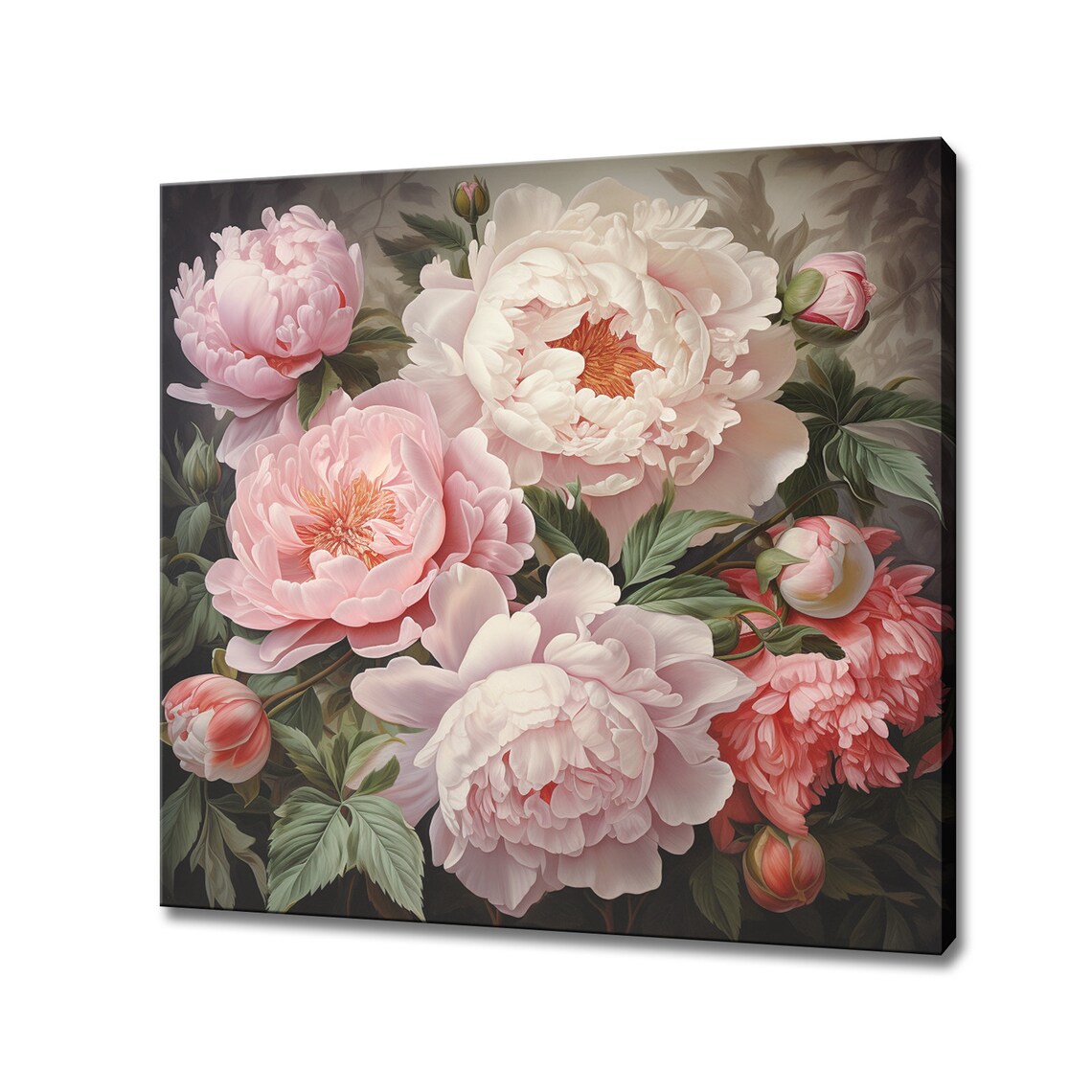 Pastel Pink Peony Bouquet Vintage Oil Painting Style Floral Wall Art