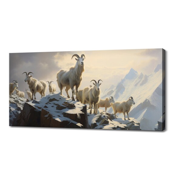 Mountain Goats Snowy Alpine Peak Sunrise Painted Wildlife Nature Poster
