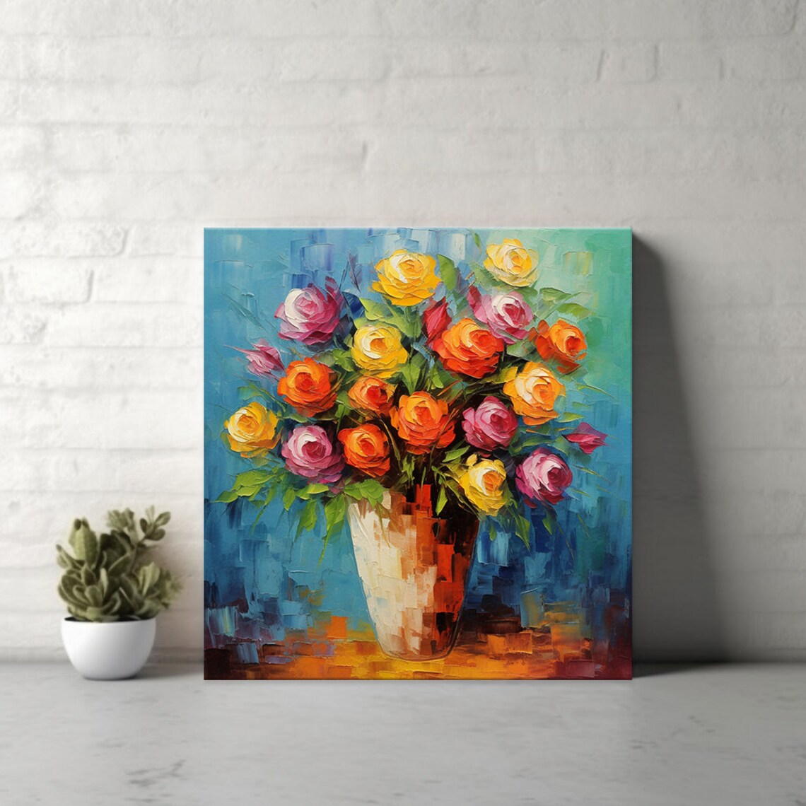 Colorful Roses In Vase Blue Background Impressionist Floral Oil Poster - Image 4