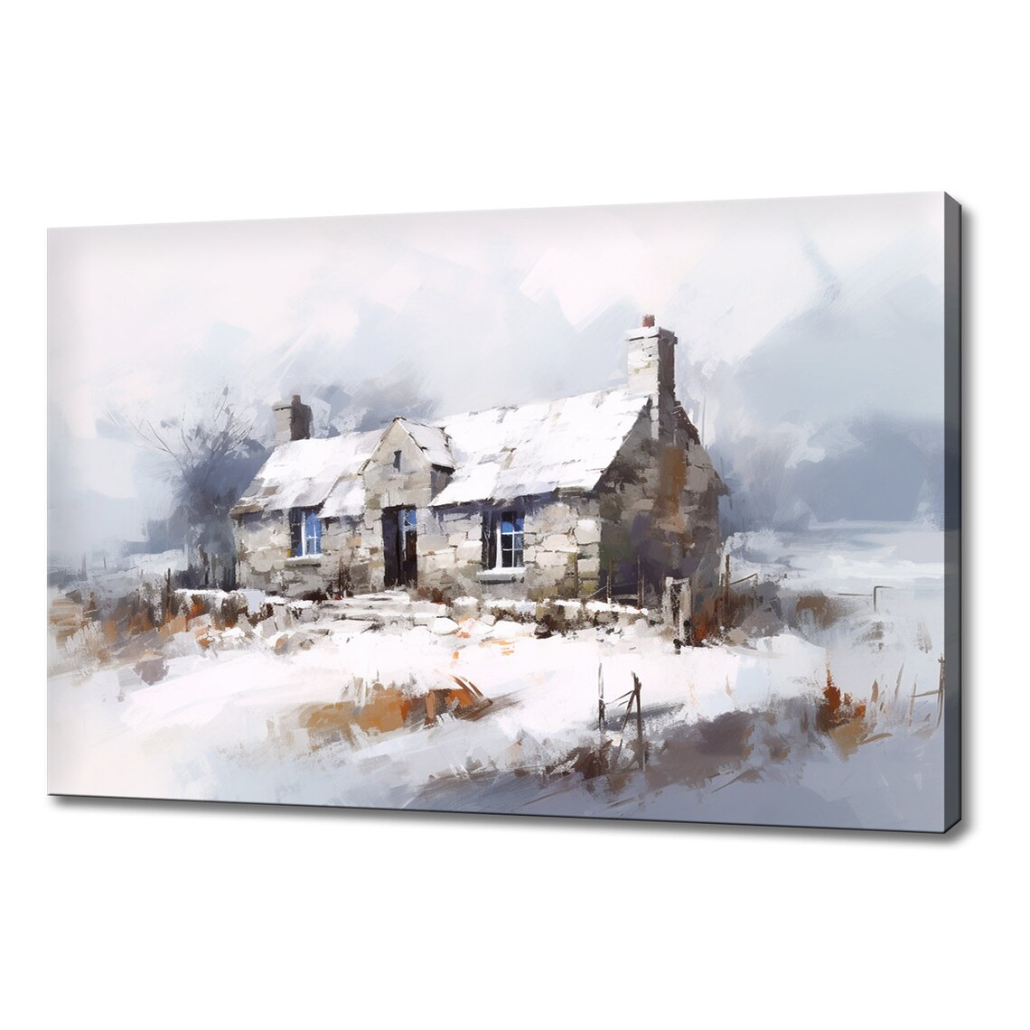 Vintage Cottage House Snowy Winter Landscape Painting Style Print Farmhouse Decor Art Picture Wall Hanging Fine Art Print