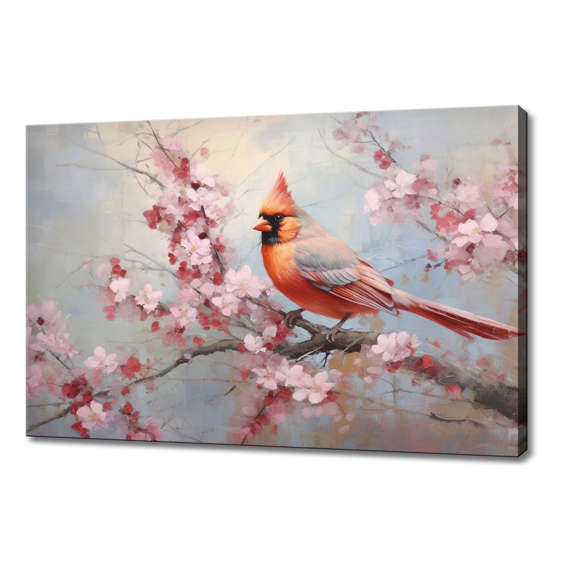 Red Orange Cardinal Bird Cherry Blossom Branch Soft Pastel Poster