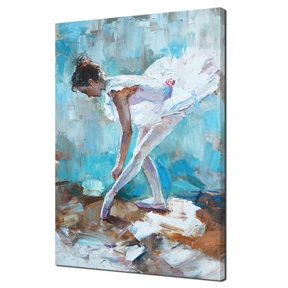 Oil Painting Of Ballerina Girl Blue White Modern Design Decor Print Wall Art Picture