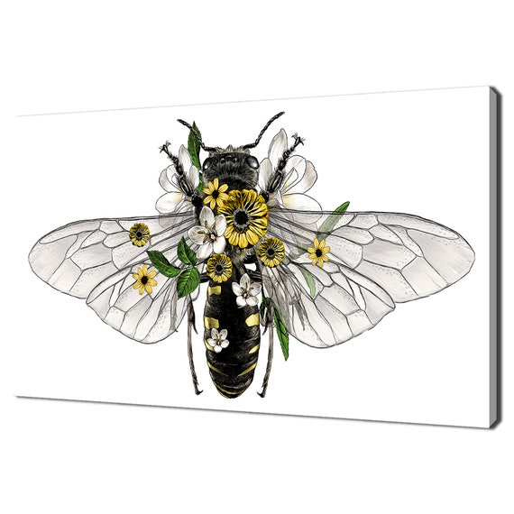 Bee With Yellow Flowers And Leaves Modern Design Print Wall Art Picture
