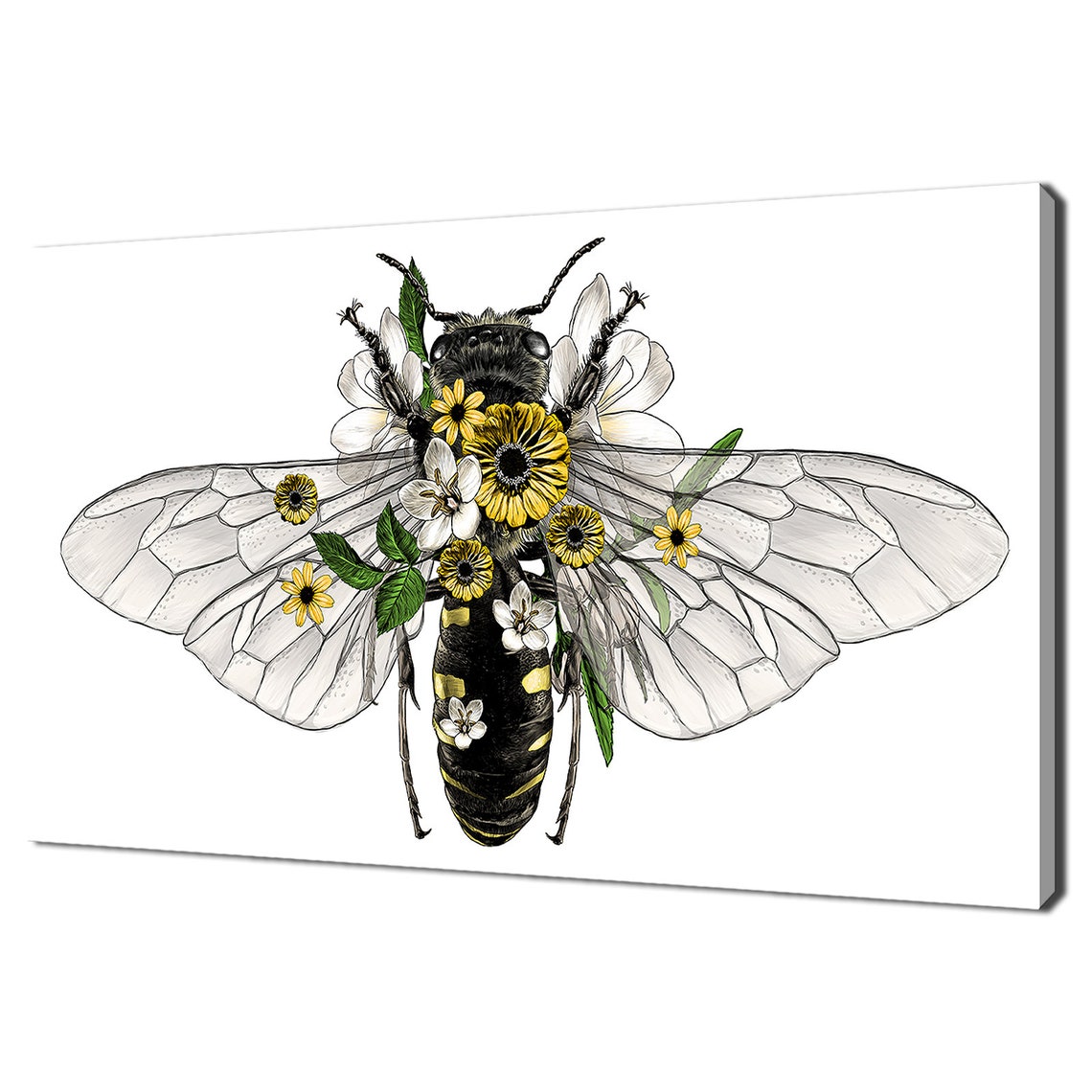 Bee With Yellow Flowers And Leaves Modern Design Print Wall Art Picture