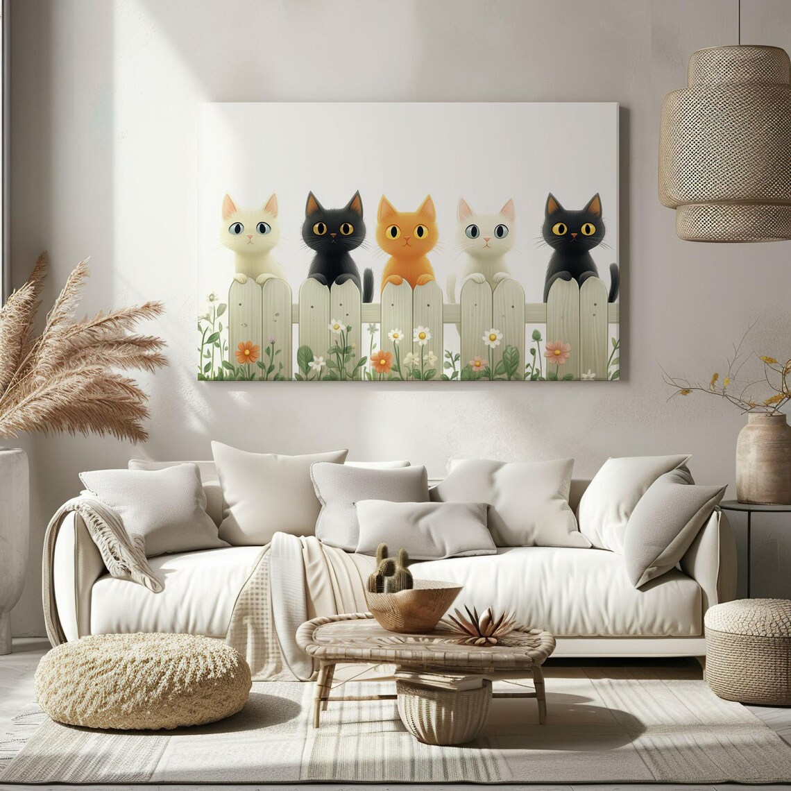 Five Cute Cats Peeking Over White Picket Fence Whimsical Kids Art Print - Image 2