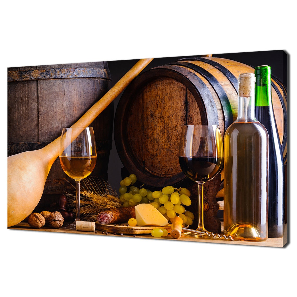 Wine Barrel Still Life Glasses Bottles Cheese Grapes Kitchen Wall Art