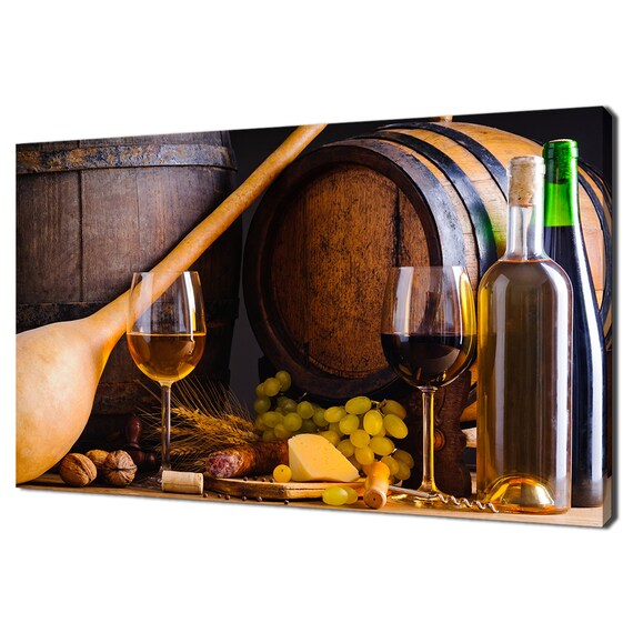Wine Barrel Still Life Glasses Bottles Cheese Grapes Kitchen Wall Art