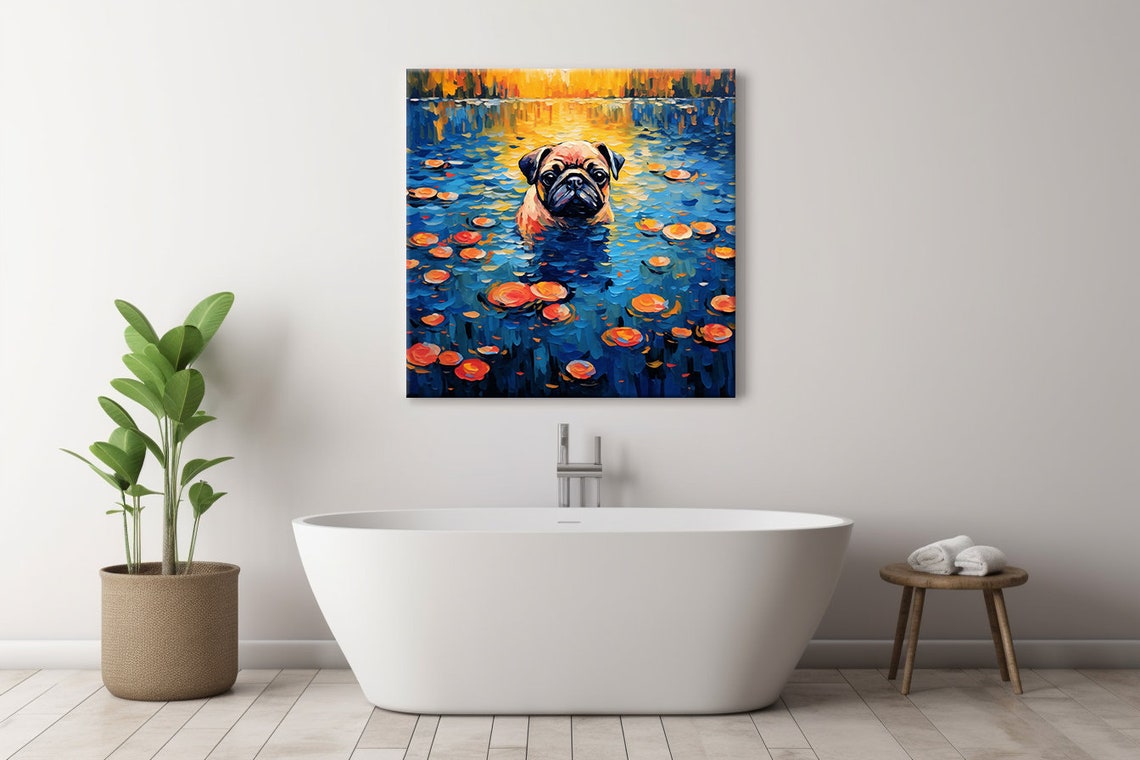 Cute Pug Dog In The River Animal Print Gift For Pug Dog Lover Colourful Dog Portrait Painting Print Dog Pet Wall Art - Image 2