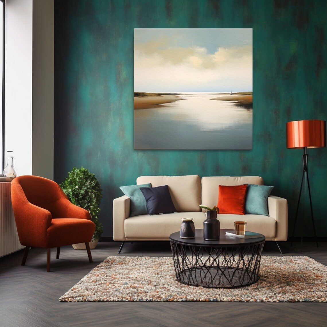 Abstract Calm Sea Boat Beach Landscape Art Print - Image 4