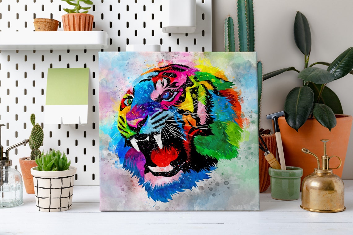 Roaring Tiger Rainbow Watercolor Fangs Bared Fierce Look Poster - Image 2