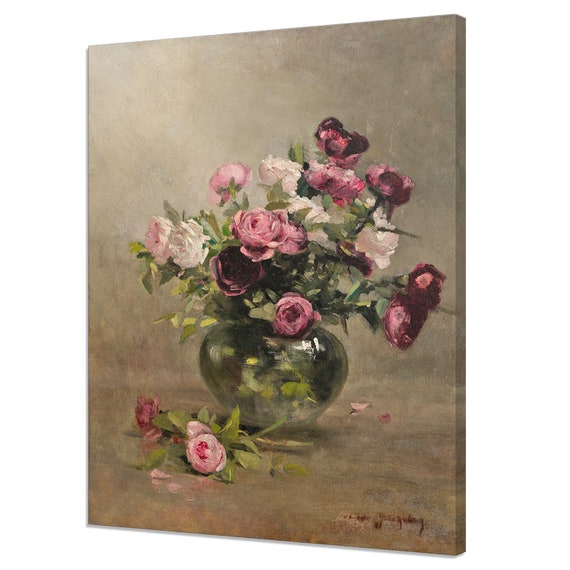 Still Life Vase Of Roses, Victorian Botanical Art Print