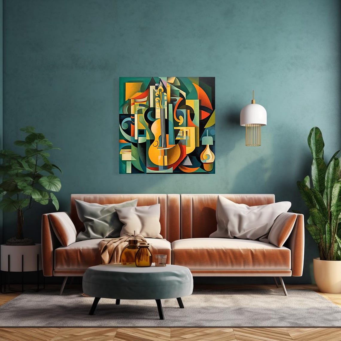 Yellow Violin Cubist Abstract Music Art Geometric Green Orange Print - Image 4