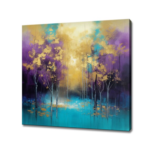 Abstract Landscape Turquoise Purple Yellow Trees Painting Style Print Landscape Large Wall Art Print Nature Picture Wall Hanging