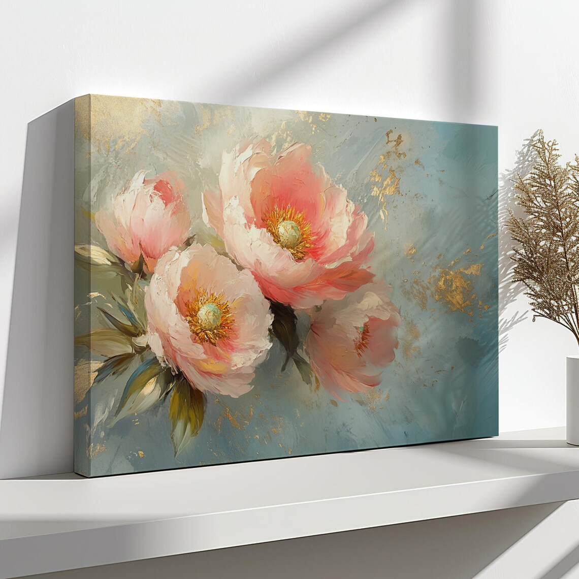 Blush Pink Peonies Gold Leaf Accents Teal Painterly Floral Art Poster - Image 4
