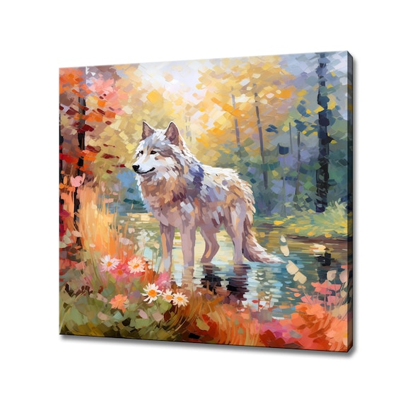 Grey Wolf In Autumn Forest Stream Impressionist Wildlife Art Poster