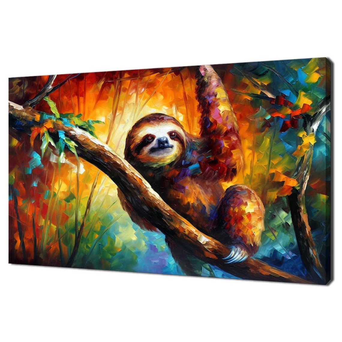 Cheerful Colourful Sloth On Branch In Vibrant Jungle Wildlife Wall Art
