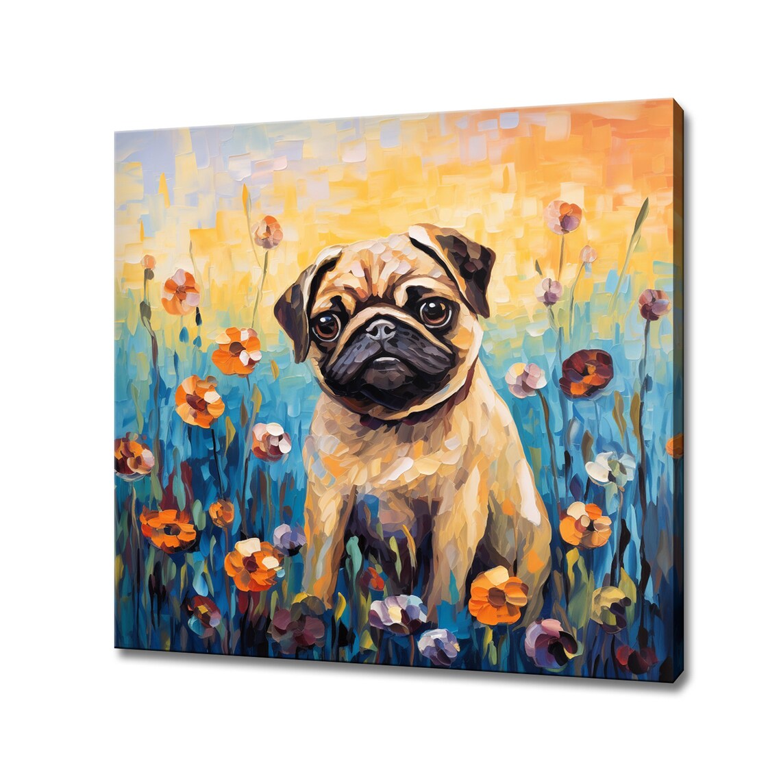 Pug Dog Among Wildflowers Colorful Mosaic Portrait Painting Poster
