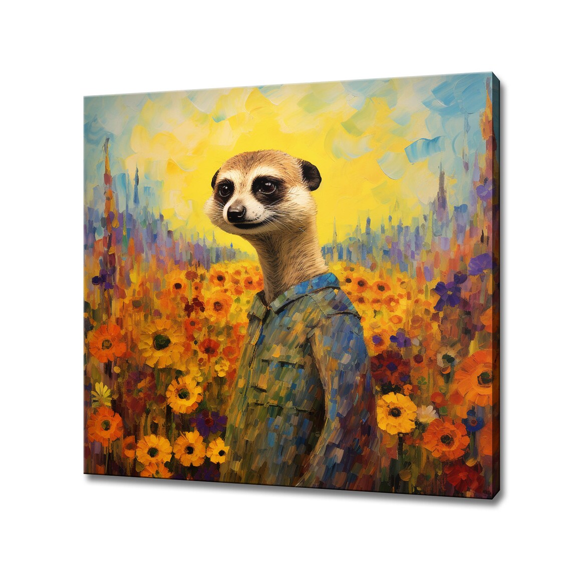 Meerkat Wearing Blue Shirt in Sunflower Field Whimsical Art Poster