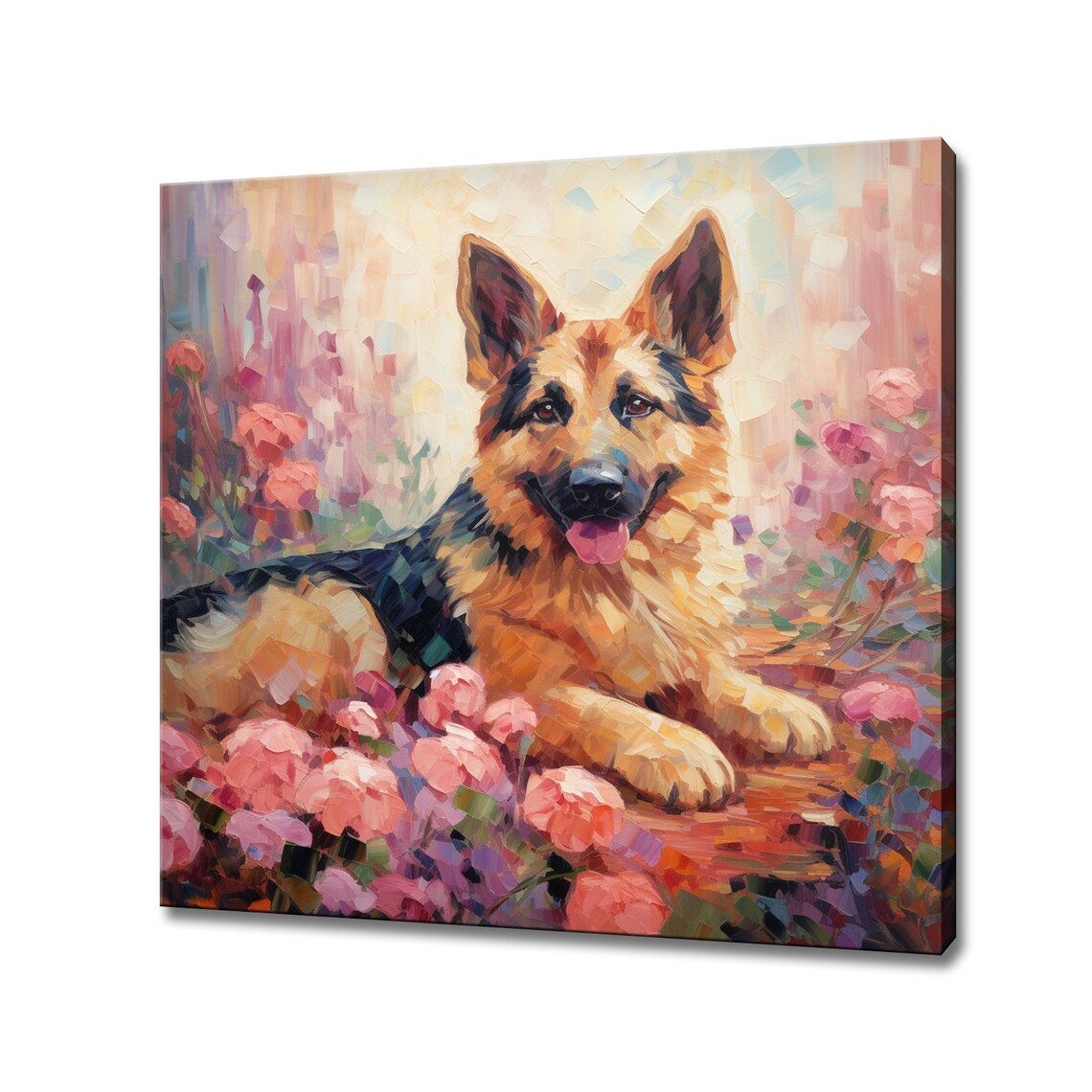 German Shepherd Puppy Lying Among Pink Flowers Painting Poster