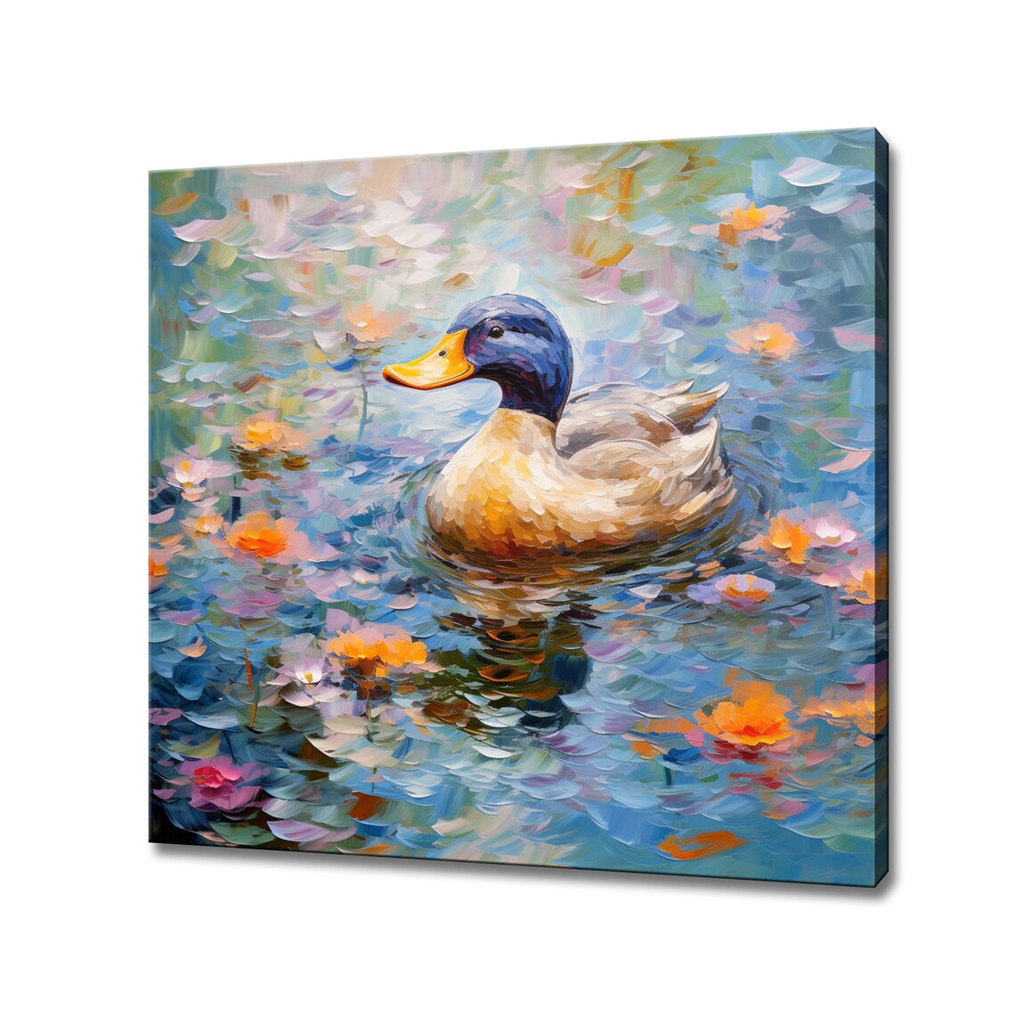 Mallard Duck Swimming In A Flower Petal Pond Painting Poster
