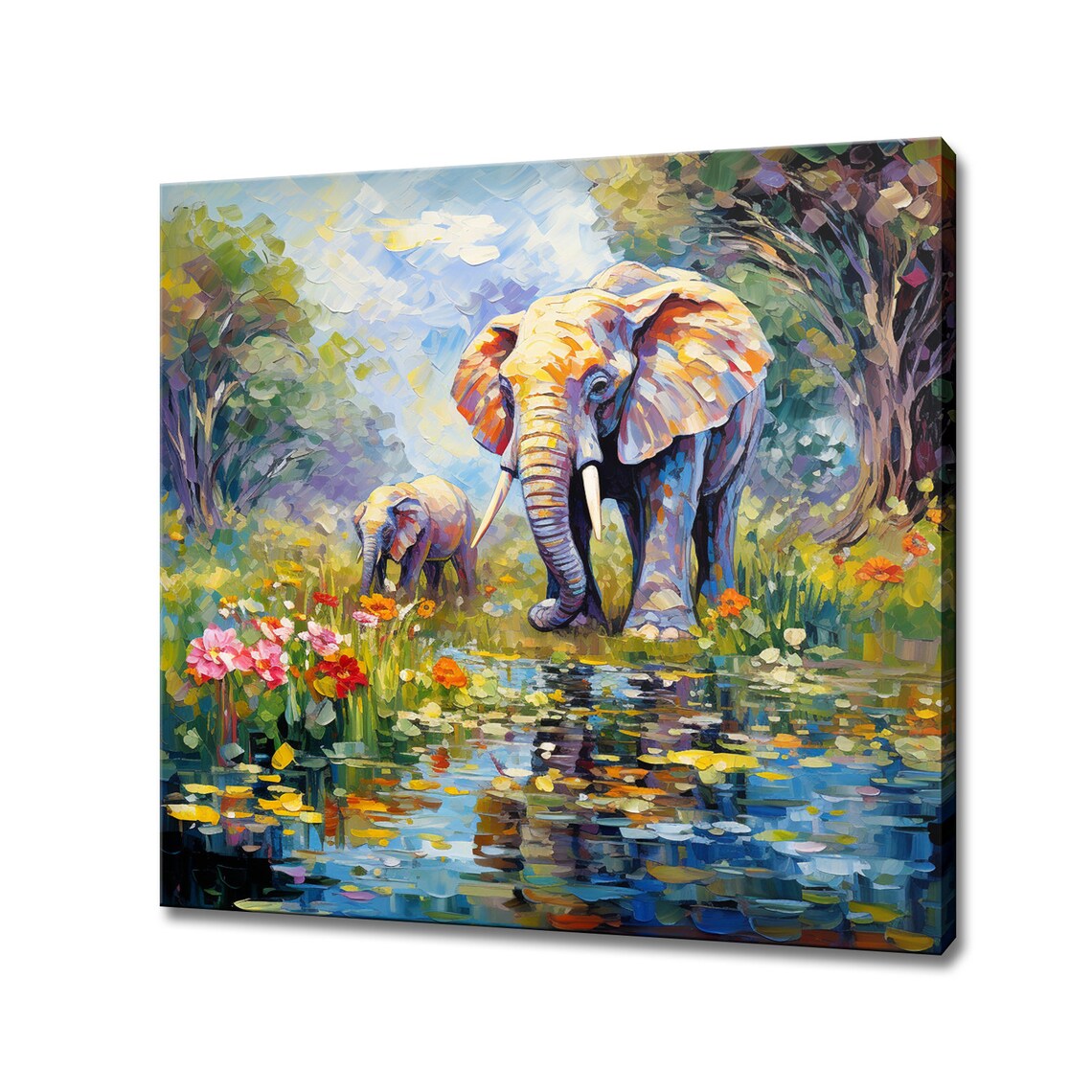 Elephants By The Pond Colourful Impasto Oil Painting Style Wall Art