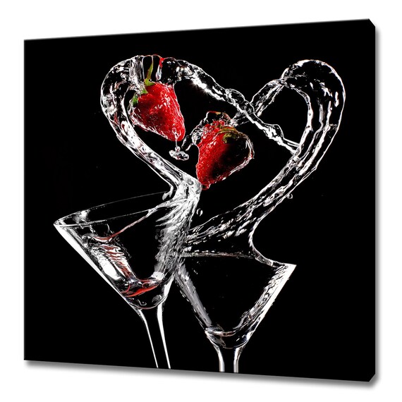 Wine Martini Glasses Heart Water Splash Strawberries Black Art Poster
