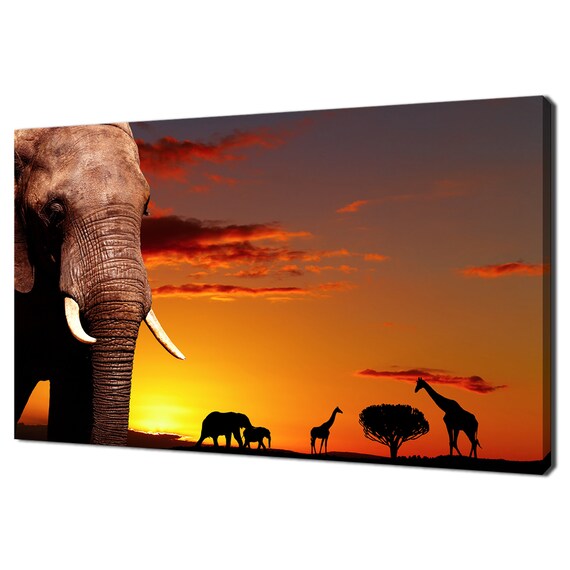 African Safari Sunset Elephant Giraffe Silhouette Savanna Wall Art Poster