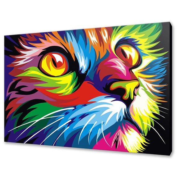 Rainbow Pop Art Cat Face Close Up Colorful Abstract Feline Wall Art