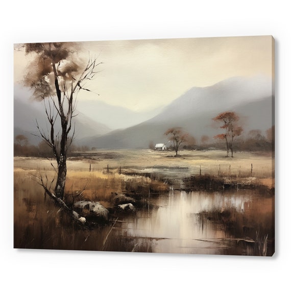 Vintage Country Rustic Farmhouse Landscape Muted Moody Painting Style Print Farmhouse Decor Art Neutral Nature Picture Wall Hanging