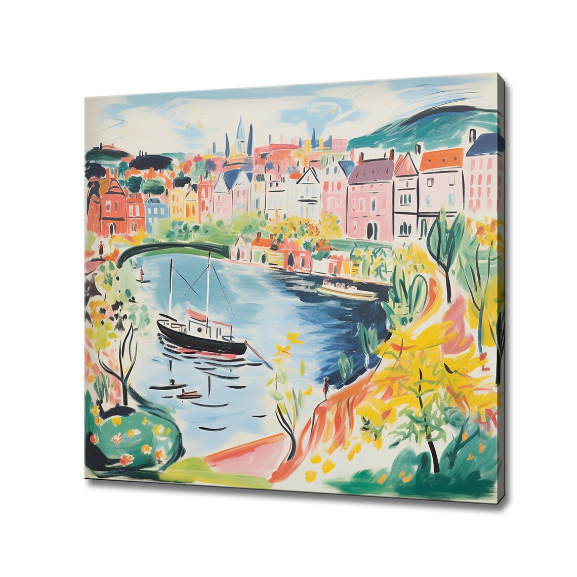 Colourful Riverside Harbour Town Boats Fauvist Style Painting Wall Art