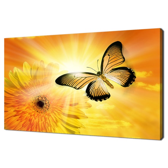 Butterfly Flying Through A Sunny Sky With Yellow Gerbera Flower Modern Design Home Decor Print Wall Art Picture Wall Hanging
