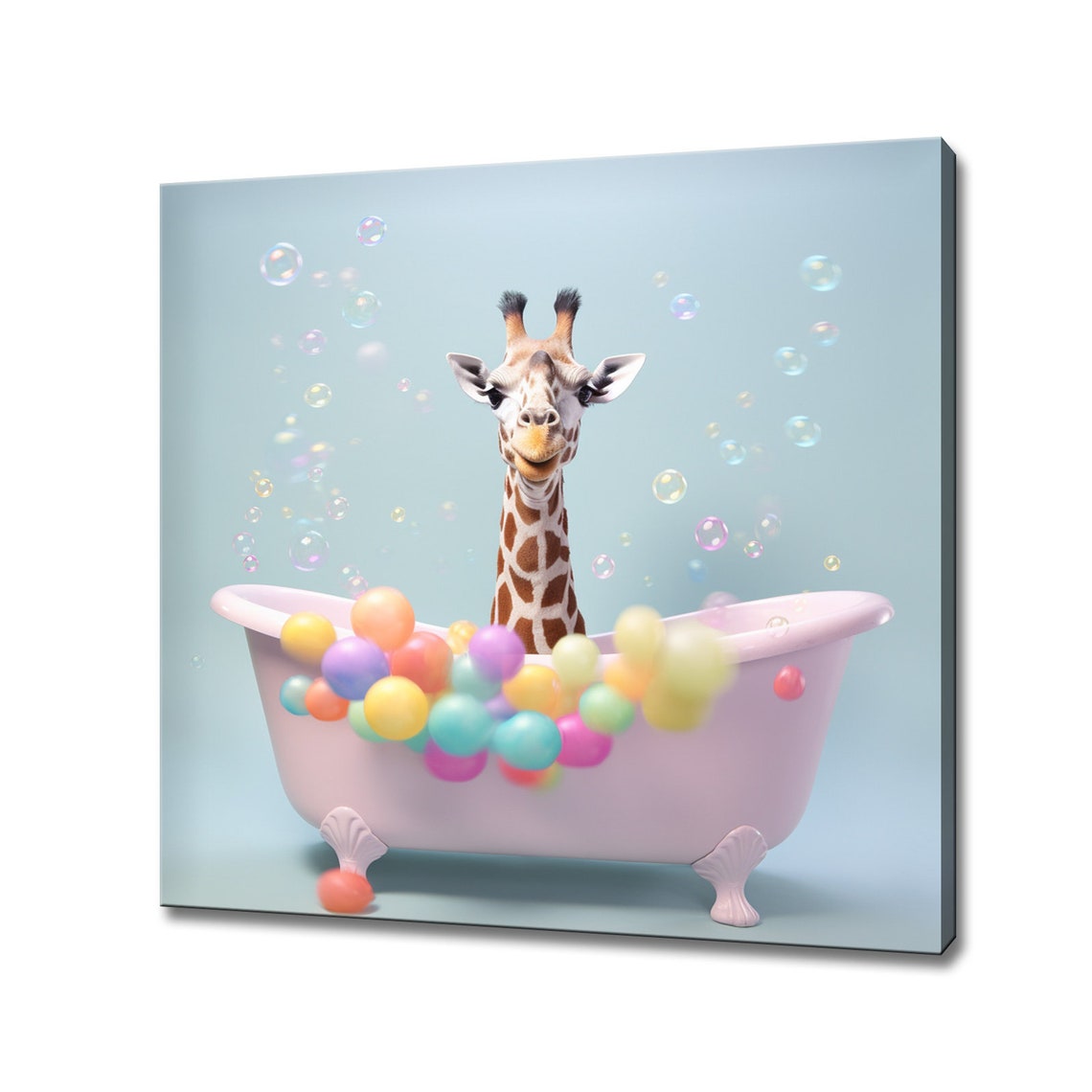 Cute Giraffe In A Pink Bubble Bathtub Kids Room Funny Animal Poster
