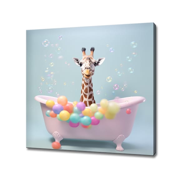 Cute Giraffe In A Pink Bubble Bathtub Kids Room Funny Animal Poster