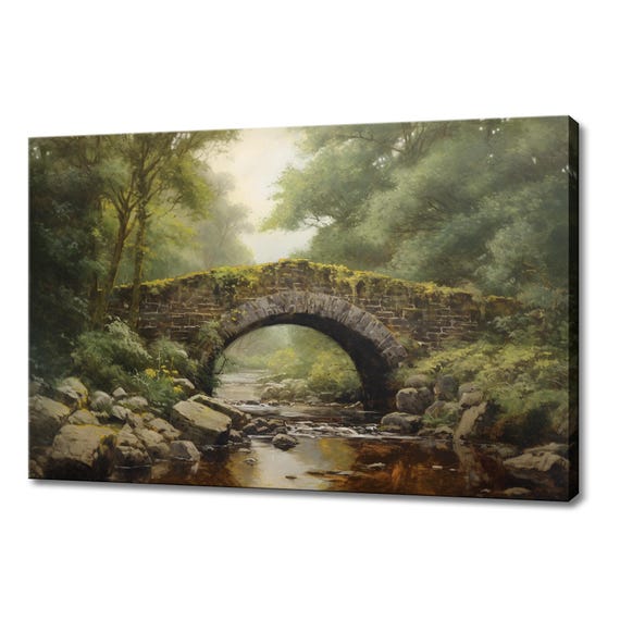 Bridge Over The Forest River Vintage Countryside Painting Style Print Farmhouse Decor Art Nature Wall Hanging Fine Art Print