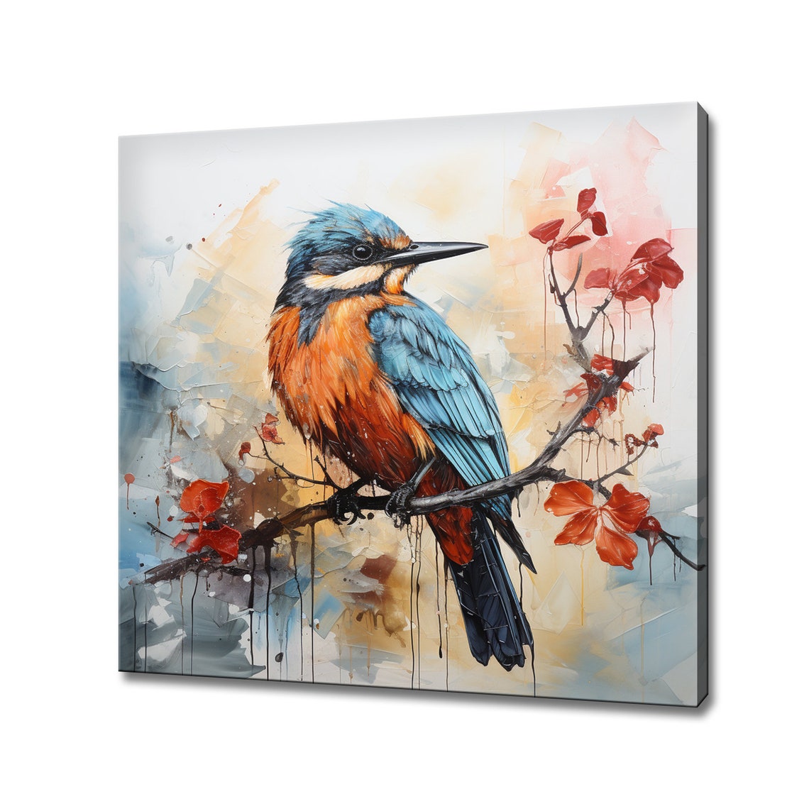 Kingfisher Branch Red Blossom Abstract Background Bird Art Print