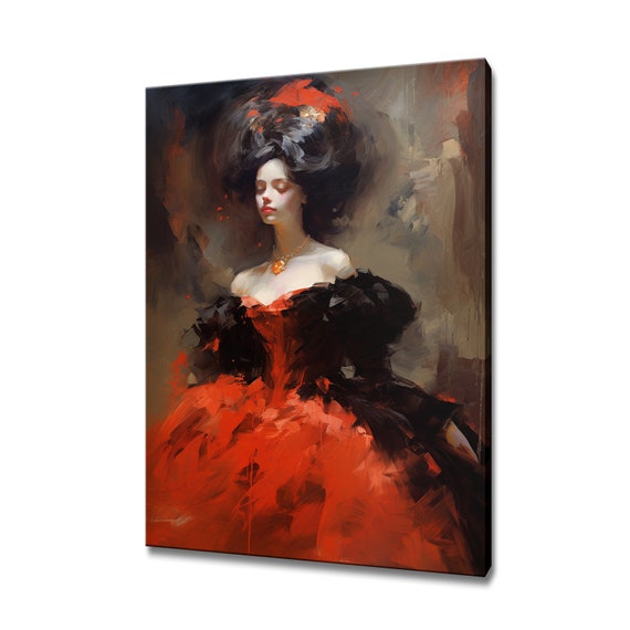 Elegant Lady In Red Victorian Baroque Puffy Dress Painting Style Print Modern Design Home Decor Fashion Wall Art Gift For Her
