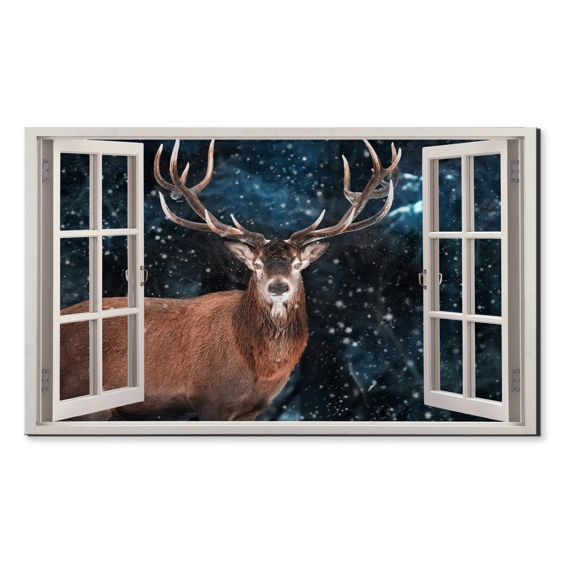 Red Deer Stag In Snowy Forest Window View Winter Wildlife Poster