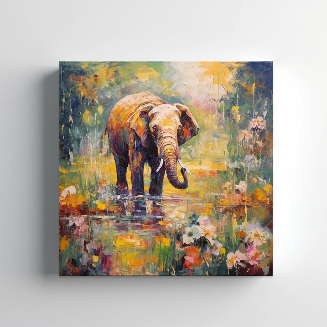 African Elephant Wading In A Golden Lily Pond Painting Wall Art - Image 3