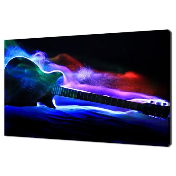 Electric Guitar Neon Light Trails Blue Purple Rock Music Instrument Wall Poster