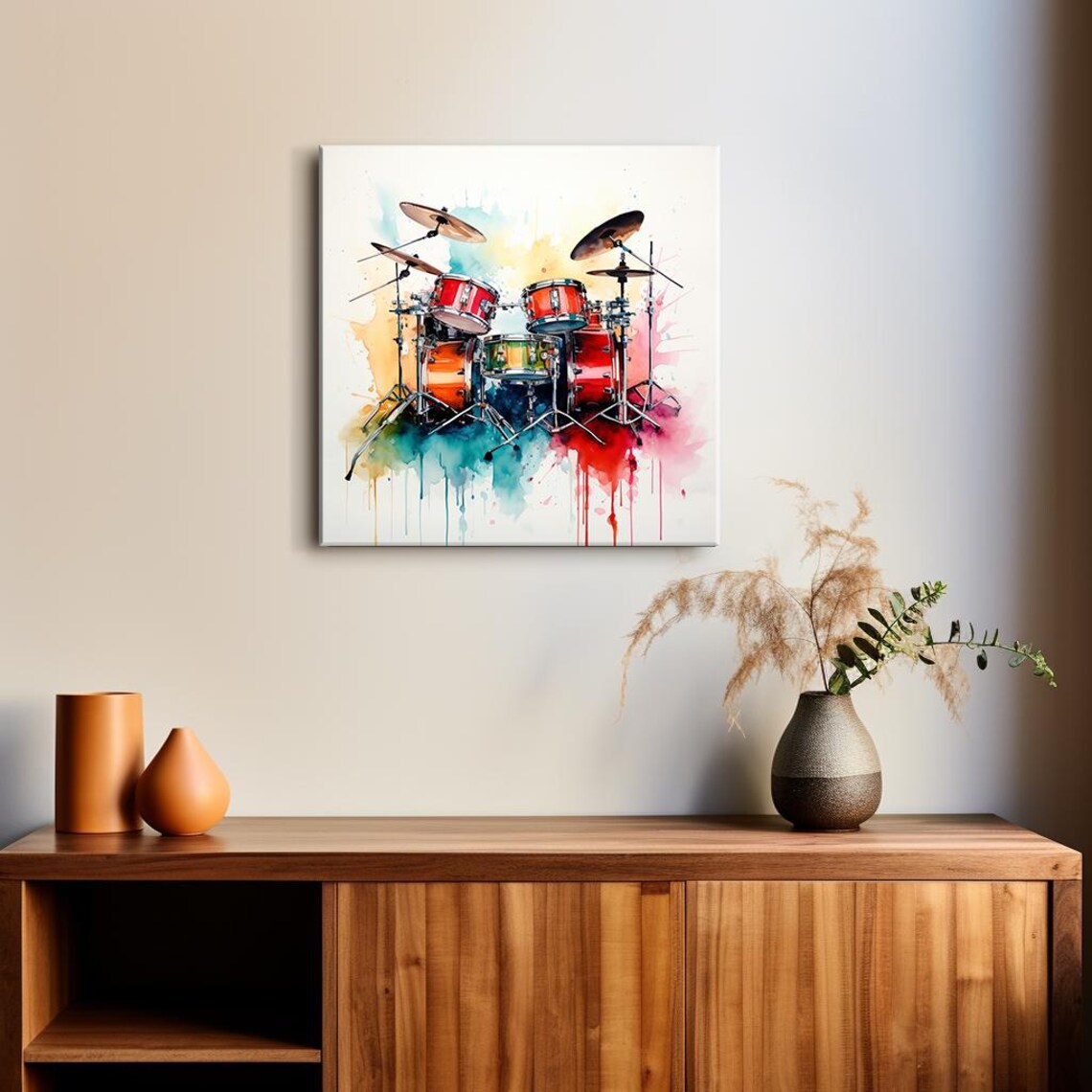 Red Drum Kit Watercolor Colorful Paint Splash Music Drummer Art Poster - Image 2