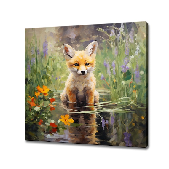Baby Red Fox Cub In A Summer Wildflower Pond Painting Wall Art